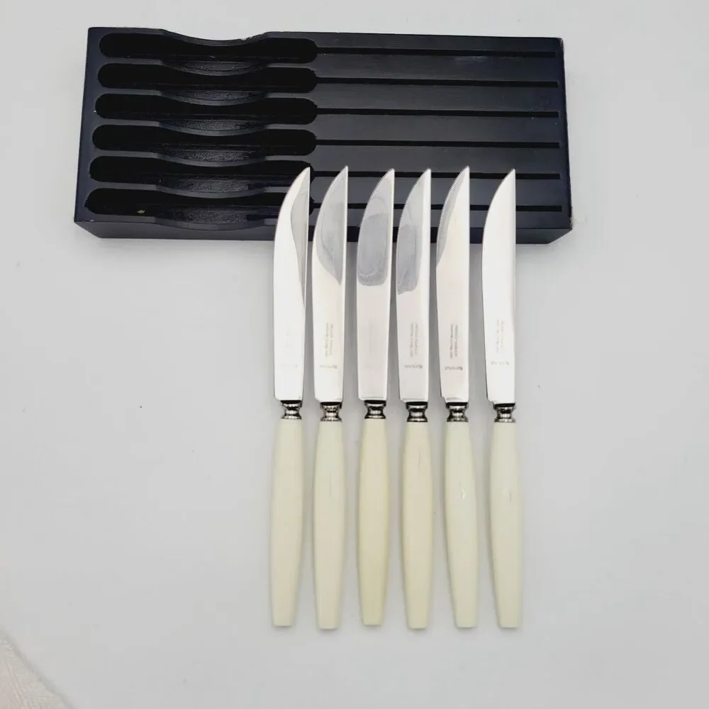 Vtg Set 6 Neiman Marcus SHEFFIELD Stainless Steak KNIVES Ivorine Handles England